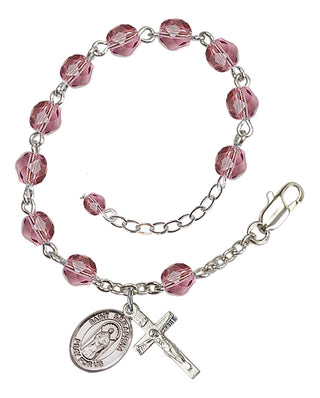 Silver-Plated 6mm Fire-Polished Saint Seraphina Rosary Bracelet in Amethyst Engraved Catholic Saint Jewelry