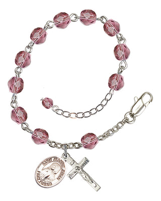 Silver-Plated 6mm Fire-Polished Saint Jeanne Jugan Rosary Bracelet in Amethyst Engraved Catholic Saint Jewelry