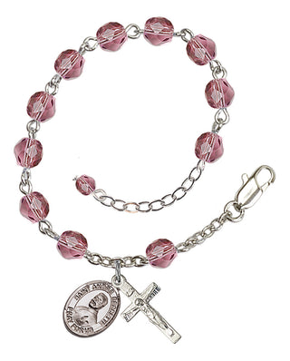 Silver-Plated 6mm Fire-Polished Saint Andre Bessette Rosary Bracelet in Amethyst Engraved Catholic Saint Jewelry