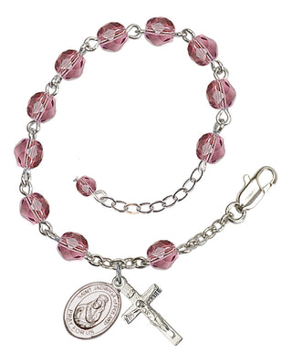 Silver-Plated 6mm Fire-Polished Saint Jadwiga of Poland Rosary Bracelet in Amethyst Engraved Catholic Saint Jewelry
