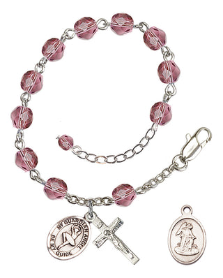 Silver-Plated 6mm Fire-Polished Guardian Angel/Dance Rosary Bracelet in Amethyst Engraved Catholic Saint Jewelry