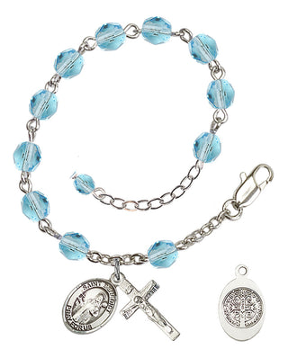 Silver-Plated 6mm Fire-Polished Saint Benedict Rosary Bracelet in Aqua Engraved Catholic Saint Jewelry