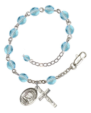 Silver-Plated 6mm Fire-Polished Saint John Bosco Rosary Bracelet in Aqua Engraved Catholic Saint Jewelry