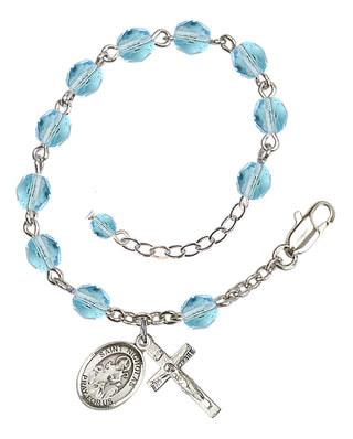 Silver-Plated 6mm Fire-Polished Saint Nicholas Rosary Bracelet in Aqua Engraved Catholic Saint Jewelry