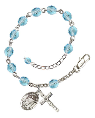 Silver-Plated 6mm Fire-Polished Saint Patrick Rosary Bracelet in Aqua Engraved Catholic Saint Jewelry