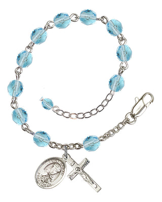 Silver-Plated 6mm Fire-Polished Saint Sarah Rosary Bracelet in Aqua Engraved Catholic Saint Jewelry