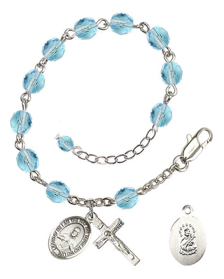 Silver-Plated 6mm Fire-Polished Scapular Rosary Bracelet in Aqua Engraved Catholic Saint Jewelry