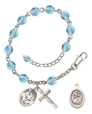 Silver-Plated 6mm Fire-Polished Saint Christopher/Dance Rosary Bracelet in Aqua Engraved Catholic Saint Jewelry