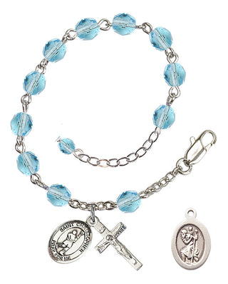 Adjustable Silver Plated 6mm Fire Polished Saint Christopher/Lacrosse Rosary Bracelet in Aqua