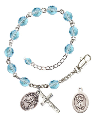 Silver-Plated 6mm Fire-Polished Saint Christopher/Track & Field Rosary Bracelet in Aqua Engraved Catholic Saint Jewelry