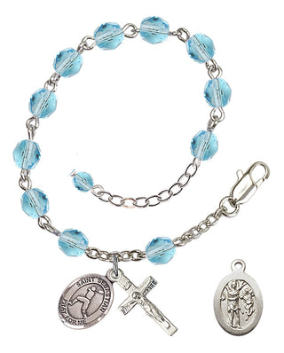 Adjustable Silver Plated 6mm Fire Polished Saint Sebastian/Baseball Rosary Bracelet in Aqua