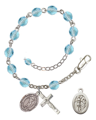 Adjustable Silver Plated 6mm Fire Polished Saint Sebastian/Golf Rosary Bracelet in Aqua