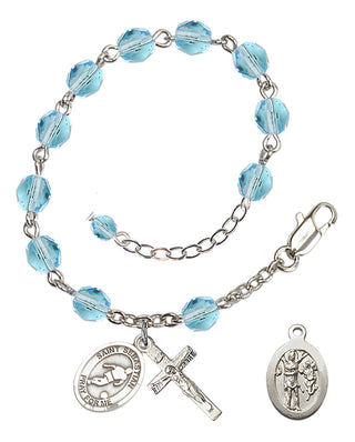 Adjustable Silver Plated 6mm Fire Polished Saint Sebastian/Soccer Rosary Bracelet in Aqua