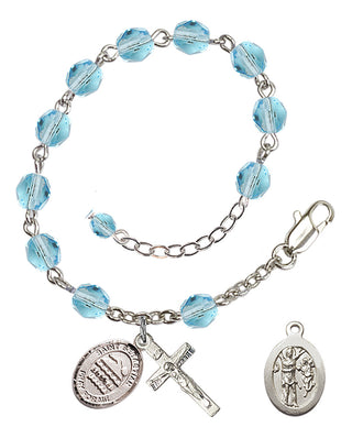 Adjustable Silver Plated 6mm Fire Polished Saint Sebastian/Swimming Rosary Bracelet in Aqua