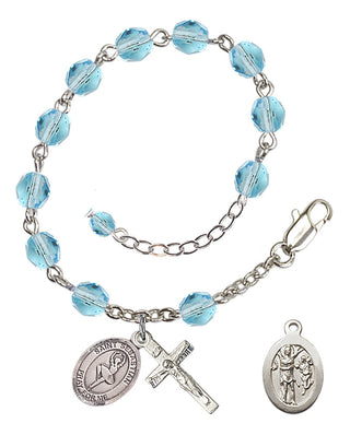 Silver-Plated 6mm Fire-Polished Saint Sebastian/Dance Rosary Bracelet in Aqua Engraved Catholic Saint Jewelry