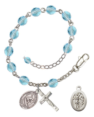 Adjustable Silver Plated 6mm Fire Polished Saint Sebastian/Surfing Rosary Bracelet in Aqua