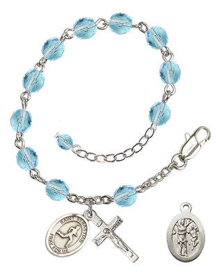 Adjustable Silver Plated 6mm Fire Polished Saint Sebastian/Track & Field Rosary Bracelet in Aqua