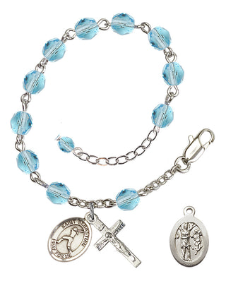 Silver-Plated 6mm Fire-Polished Saint Sebastian/Softball Rosary Bracelet in Aqua Engraved Catholic Saint Jewelry