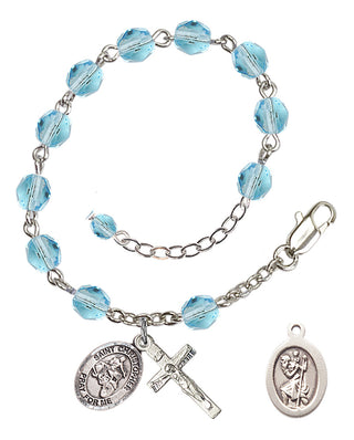 Adjustable Silver Plated 6mm Fire Polished Saint Christopher/Motorcycle Rosary Bracelet in Aqua
