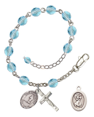 Adjustable Silver Plated 6mm Fire Polished Saint Christopher / Skiing Rosary Bracelet in Aqua