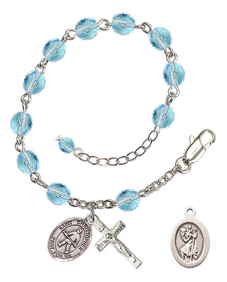 Silver-Plated 6mm Fire-Polished Saint Christopher / Field Hockey Rosary Bracelet in Aqua Engraved Catholic Saint Jewelry