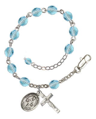 Silver-Plated 6mm Fire-Polished Saint Nino de Atocha Rosary Bracelet in Aqua Engraved Catholic Saint Jewelry