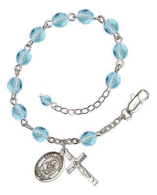 Silver-Plated 6mm Fire-Polished Saint Christian Demosthenes Rosary Bracelet in Aqua Engraved Catholic Saint Jewelry