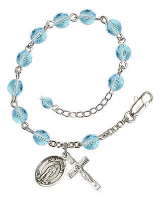 Silver-Plated 6mm Fire-Polished Saint Samuel Rosary Bracelet in Aqua Engraved Catholic Saint Jewelry