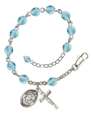 Silver-Plated 6mm Fire-Polished Our Lady of Mercy Rosary Bracelet in Aqua Engraved Catholic Saint Jewelry
