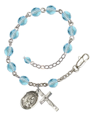 Silver-Plated 6mm Fire-Polished Saint Joseph of Arimathea Rosary Bracelet in Aqua Engraved Catholic Saint Jewelry