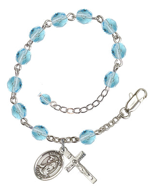 Silver-Plated 6mm Fire-Polished Saint Roch Rosary Bracelet in Aqua Engraved Catholic Saint Jewelry