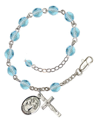 Silver-Plated 6mm Fire-Polished Saint Columbanus Rosary Bracelet in Aqua Engraved Catholic Saint Jewelry