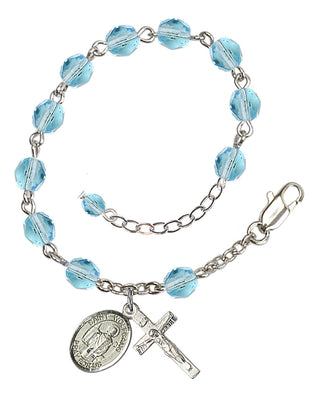 Silver-Plated 6mm Fire-Polished Saint Wolfgang Rosary Bracelet in Aqua Engraved Catholic Saint Jewelry