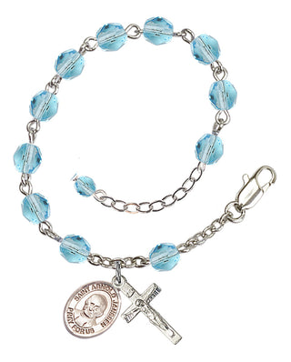 Silver-Plated 6mm Fire-Polished Saint Arnold Janssen Rosary Bracelet in Aqua Engraved Catholic Saint Jewelry