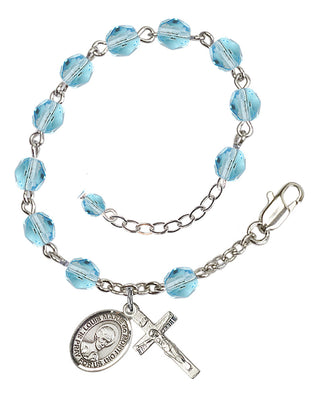 Silver-Plated 6mm Fire-Polished Saint Louis Marie de Montfort Rosary Bracelet in Aqua Engraved Catholic Saint Jewelry