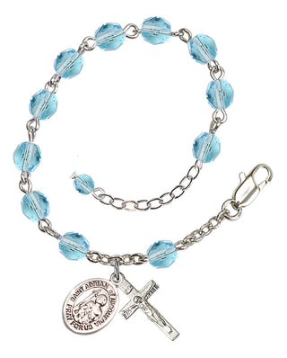 Silver-Plated 6mm Fire-Polished Saint Adrian of Nicomedia Rosary Bracelet in Aqua Engraved Catholic Saint Jewelry