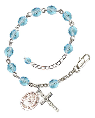 Silver-Plated 6mm Fire-Polished Saint Pauline Visintainer Rosary Bracelet in Aqua Engraved Catholic Saint Jewelry