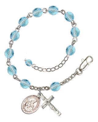 Silver-Plated 6mm Fire-Polished Saint Margaret of Scotland Rosary Bracelet in Aqua Engraved Catholic Saint Jewelry