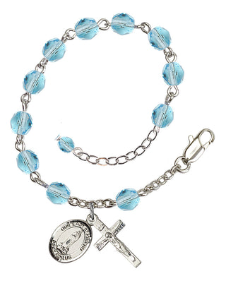 Silver-Plated 6mm Fire-Polished Our Lady of Kibeho Rosary Bracelet in Aqua Engraved Catholic Saint Jewelry