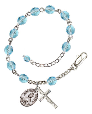 Silver-Plated 6mm Fire-Polished Saint Andre Bessette Rosary Bracelet in Aqua Engraved Catholic Saint Jewelry