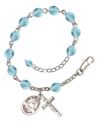 Silver-Plated 6mm Fire-Polished Saint Mary Mackillop Rosary Bracelet in Aqua Engraved Catholic Saint Jewelry