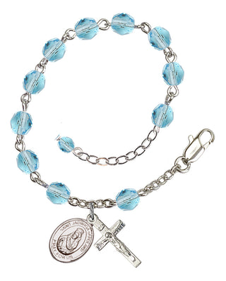 Silver-Plated 6mm Fire-Polished Saint Jadwiga of Poland Rosary Bracelet in Aqua Engraved Catholic Saint Jewelry