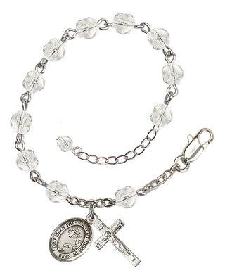 Silver-Plated 6mm Fire-Polished Footprints / Cross Rosary Bracelet in Crystal Engraved Catholic Saint Jewelry