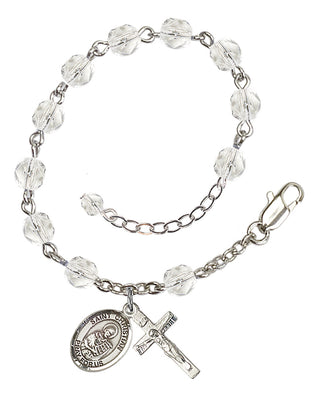 Silver-Plated 6mm Fire-Polished Saint Christian Demosthenes Rosary Bracelet in Crystal Engraved Catholic Saint Jewelry