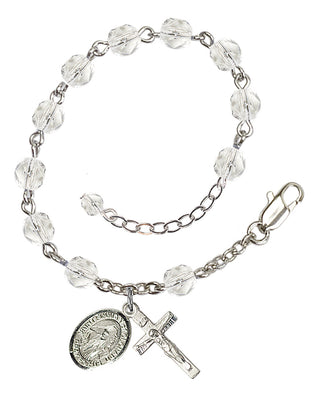 Silver-Plated 6mm Fire-Polished Saint Finnian of Clonard Rosary Bracelet in Crystal Engraved Catholic Saint Jewelry