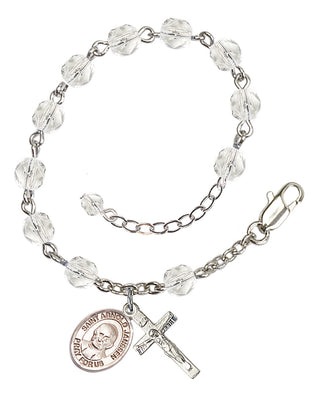 Silver-Plated 6mm Fire-Polished Saint Arnold Janssen Rosary Bracelet in Crystal Engraved Catholic Saint Jewelry