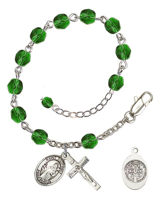 Silver-Plated 6mm Fire-Polished Saint Benedict Rosary Bracelet in Emerald Engraved Catholic Saint Jewelry