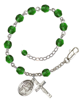 Silver-Plated 6mm Fire-Polished Saint Matthew the Apostle Rosary Bracelet in Emerald Engraved Catholic Saint Jewelry