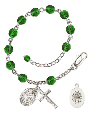 Silver-Plated 6mm Fire-Polished Miraculous Rosary Bracelet in Emerald Engraved Catholic Saint Jewelry