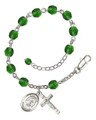 Silver-Plated 6mm Fire-Polished Saint Rita of Cascia Rosary Bracelet in Emerald Engraved Catholic Saint Jewelry